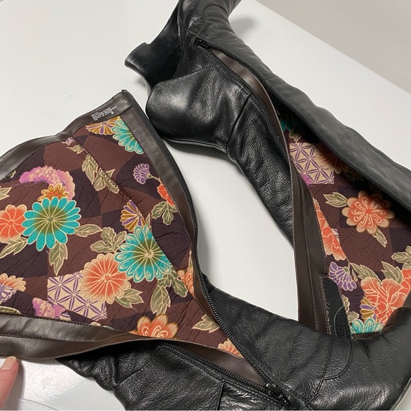 Black leather wedge heel tall boots with button detailing - Picture 11 of 16